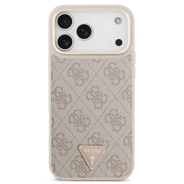 Kryt na mobil Guess 4G Strass Triangle Logo Gold Frame MagSafe na Apple iPhone 18 Pro ružový

