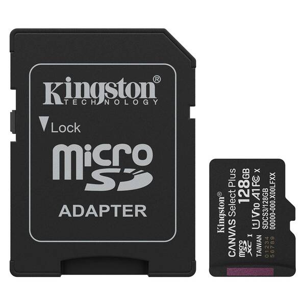 Pamäťová karta Kingston Canvas Select Plus MicroSDXC 128GB UHS-I U1 (R150/W30) + adaptér čierna

