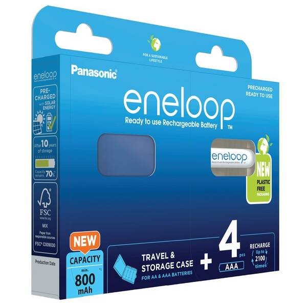 Batéria nabíjacia Panasonic Eneloop AAA, HR03, 800mAh, Ni-MH, blister 4ks + Cestovné puzdro na 4ks nabíjacích batérii 

