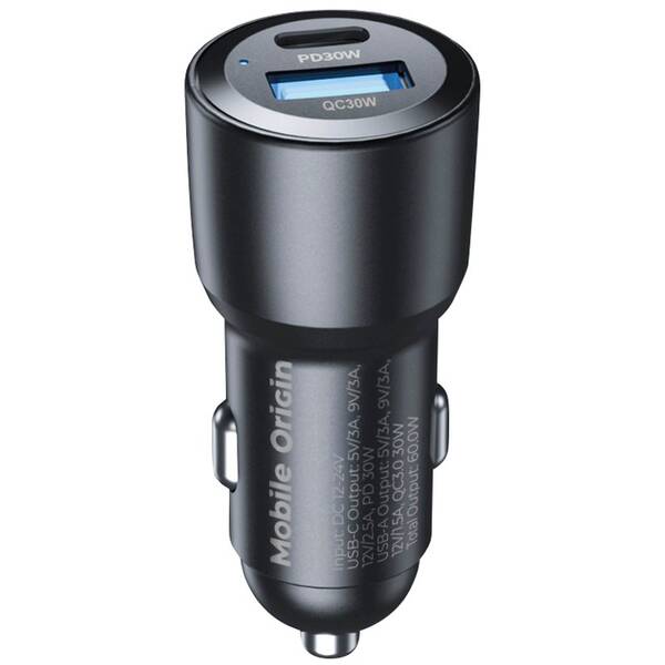 Adaptér do auta Mobile Origin 1x USB-A/1x USB-C 60W čierny

