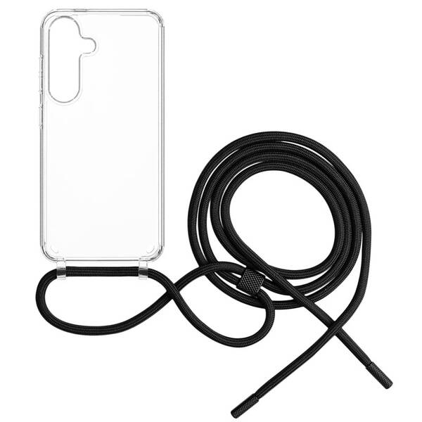 Kryt na mobil FIXED Pure Neck s čiernou šnúrkou na krk na Samsung Galaxy S25 priehľadný

