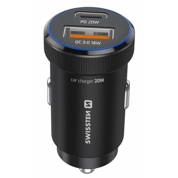 Adaptér do auta Swissten USB-C PD + USB-A, 20W čierny

