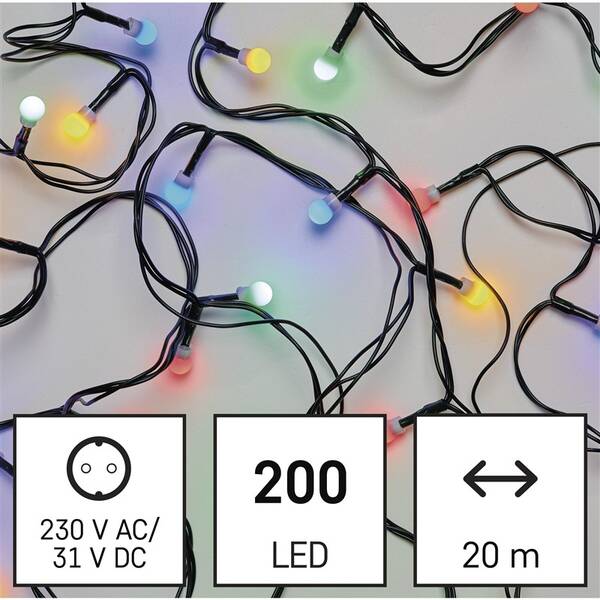 LED reťaz EMOS 200LED cherry reťaz - guličky, 20 m, vonkajšie aj vnútorné, multicolor, programy, časovač 

