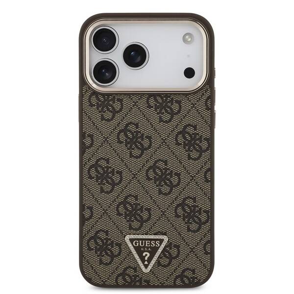 Kryt na mobil Guess 4G Strass Triangle Logo Gold Frame MagSafe na Apple iPhone 18 Pro hnedý

