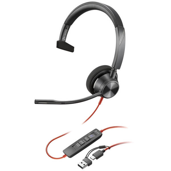 Headset HP Poly Blackwire 3315 MS, 3,5 mm jack + USB-C/A adaptér, mono čierny

