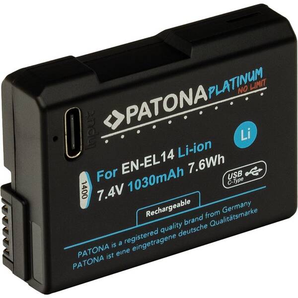 Batéria PATONA pre foto Nikon EN-EL14/EN-EL14A 1030mAh Li-Ion Platinum, USB-C čierna


