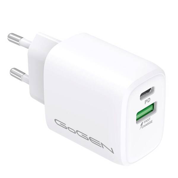 Nabíjačka do siete GoGEN ACHPDQ 220, 1x USB-C PD 20W, 1x USB-A (18W) biela

