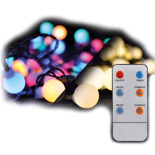 Vianočné osvetlenie Solight reťaz - guľa, diaľkový ovládač, 200LED, RGB+biela, 20m+5m, 8 funkcií, IP44 

