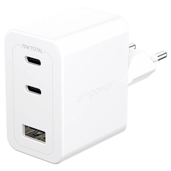 Nabíjačka do siete PanzerGlass empower Turbo GaN 70 W, 2x USB-C, 1x USB-A biela

