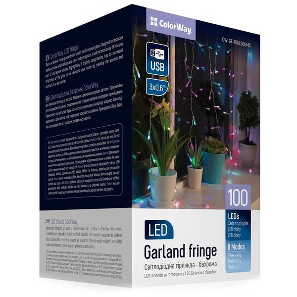 Vianočné osvetlenie ColorWay vnútorné, 100 LED, 3× 0,6m, IP20, USB, viacfarebné 

