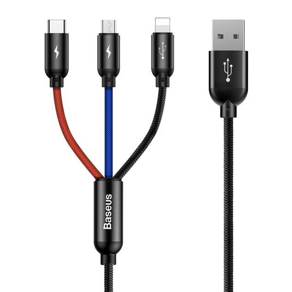 Kábel Baseus 3v1 USB/microUSB+Lightning+USB-C, 3,5A, 1,2m čierny

