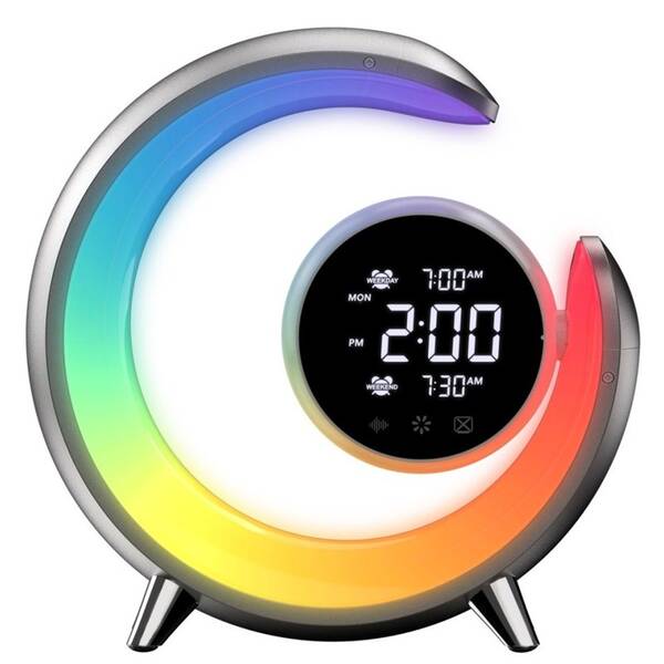 Stolná lampa IMMAX PEACOCK s hodinami, RGB svetlo, 20W, 400lm strieborná


