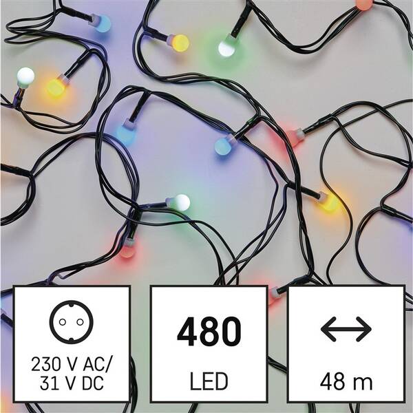 LED reťaz EMOS 480LED cherry reťaz - guličky, 48 m, vonkajšie aj vnútorné, multicolor, programy, časovač 

