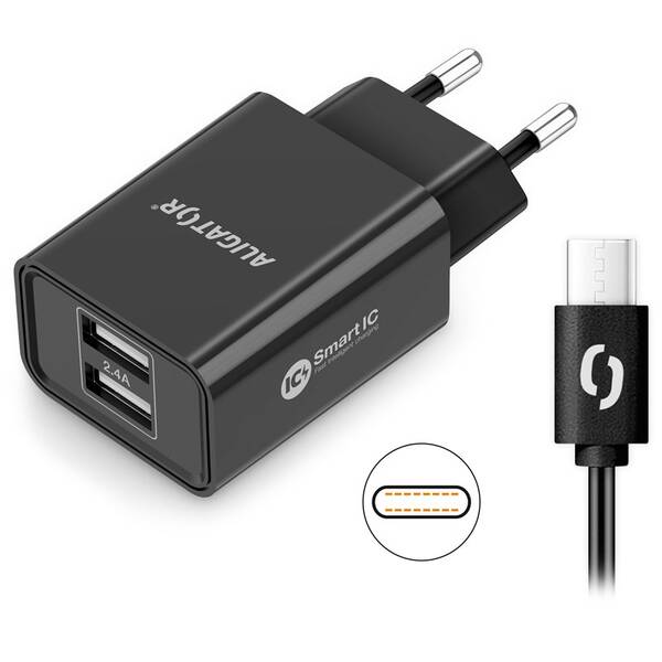 Nabíjačka do siete Aligator 2,4A, 2xUSB, smart IC, USB-C kábel čierna

