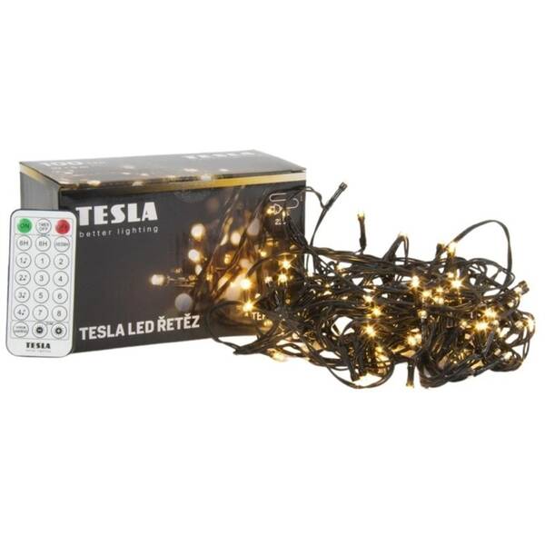 Vianočné osvetlenie TESLA lighting dekoratívna reťaz, teplý biely, 100 LED, 10m + 5m kábel, 230V, ovládač s 8 funkciami, IP44 čierne

