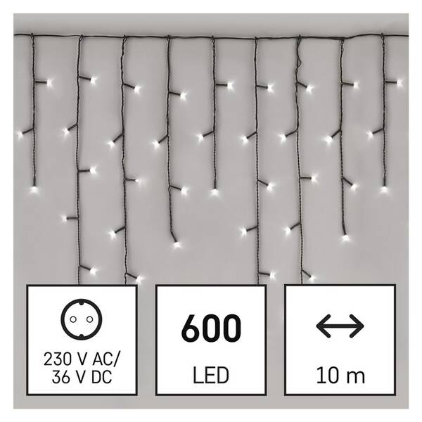 Vianočné osvetlenie EMOS 600 LED cencúle, 10 m, vonkajšie aj vnútorné, studená biela, programy 

