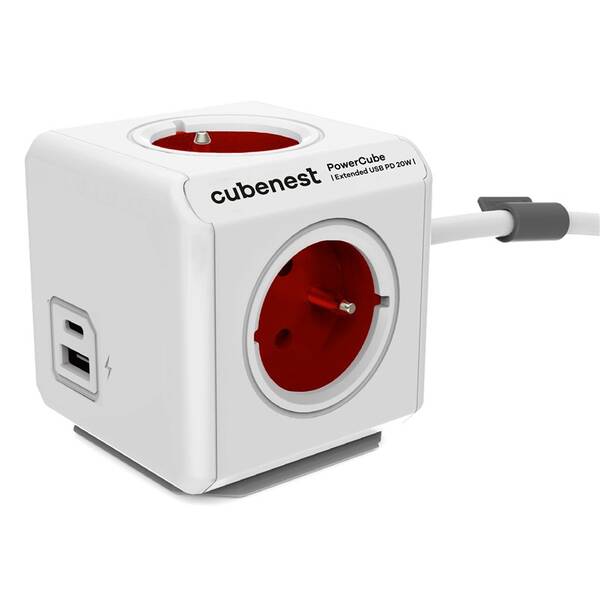 Kábel predlžovací Cubenest Powercube Extended USB PD 20W, USB, USB-C, 4x zásuvka, 1,5m biely/červený


