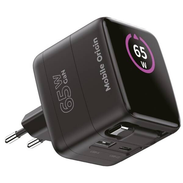 Nabíjačka do siete Mobile Origin Display Charger PW3 - 65W GaN USB-C/USB-A čierna

