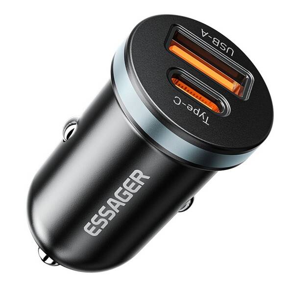 Adaptér do auta Essager Mini USB A, USB-C 30W autonabíjačka čierny

