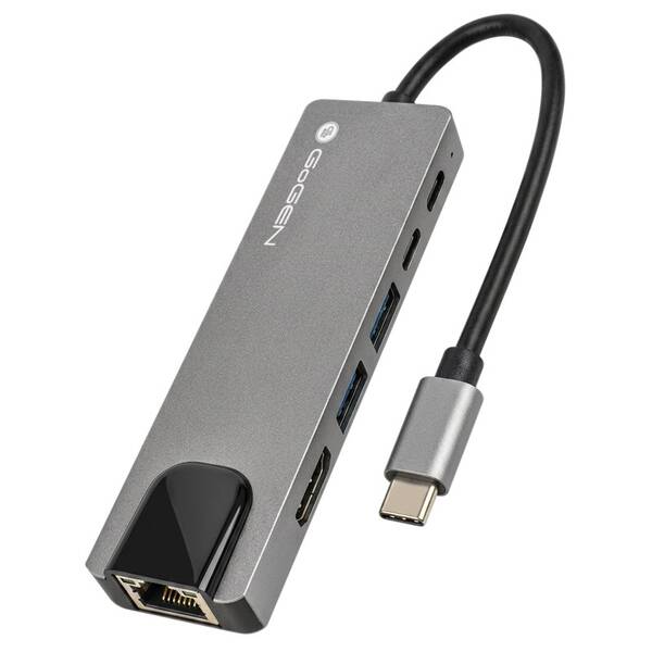 USB Hub GoGEN USB-C, 1x USB-C 3.1, 1x USB-C power, 2x USB-A 3.0, HDMI, RJ-45 sivý

