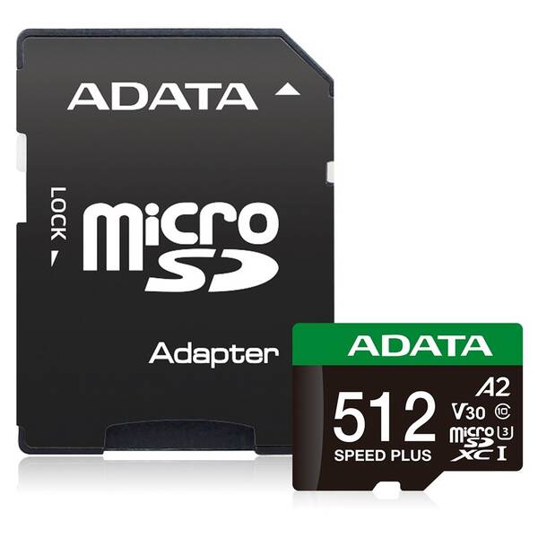 Pamäťová karta ADATA Speed Plus MicroSDXC 512GB, U3 (180R/160W) + SD adaptér čierna

