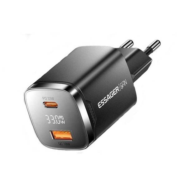 Nabíjačka do siete Essager 33W, GaN, USB-C, USB-A čierna

