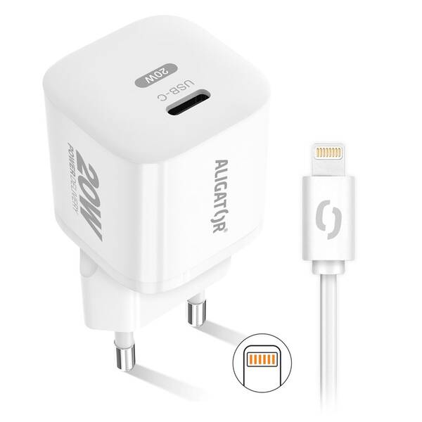 Nabíjačka do siete Aligator Power Delivery 20W, USB-C + kábel pre Apple biela

