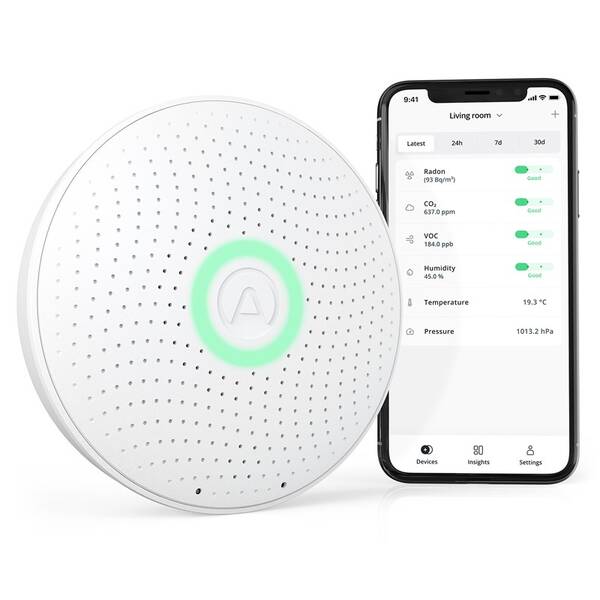 Senzor Airthings Wave plus - senzor kvality ovzdušia, radónu, vlhkosti, teploty, VOC, CO2 a tlaku 

