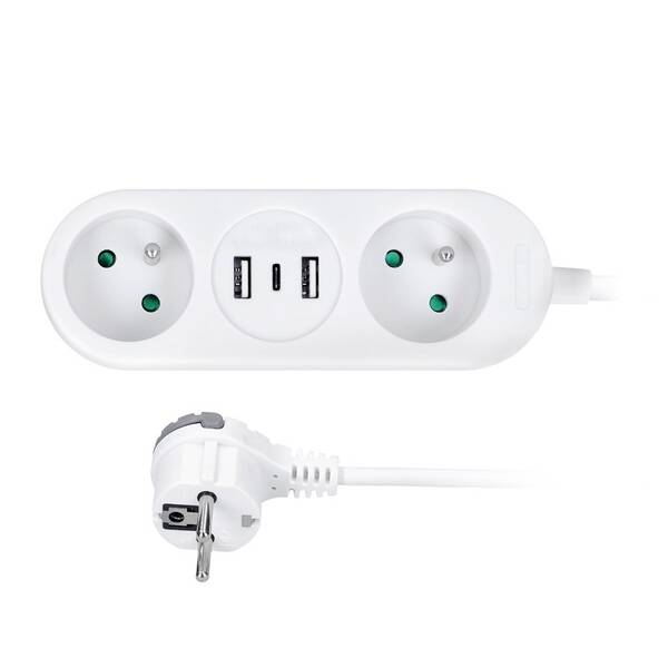 Kábel predlžovací Solight 2x zásuvka, 2x USB + 1x USB-C, 1,5 m biely

