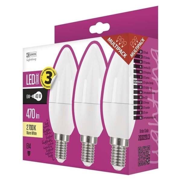 LED žiarovka EMOS Classic sviečka 6W E14 teplá biela, 3 ks 

