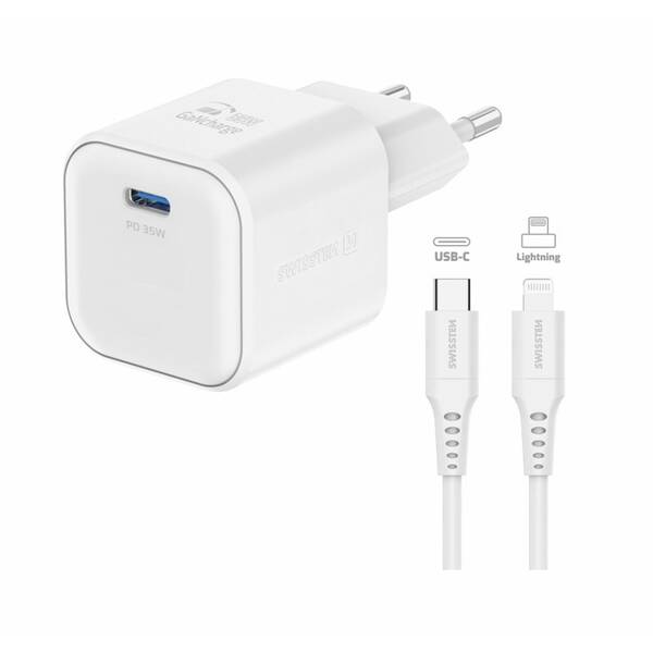 Nabíjačka do siete Swissten GAN 1x USB-C 35W PD + Dátový kábel USB-C/Lightning 1,2 M biela

