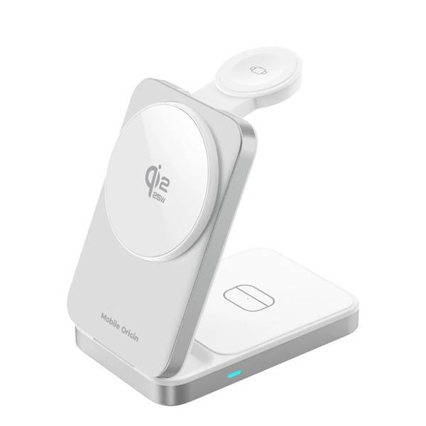 Bezdrôtová nabíjačka Mobile Origin 3in1 Qi2 25W Stand PW35 strieborná

