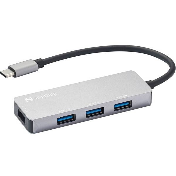 USB Hub Sandberg USB-C HUB, 1x USB 3.0 a 3x USB 2.0 sivý

