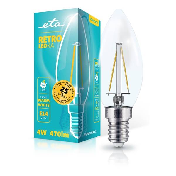 LED žiarovka ETA RETRO LEDka sviečka filiament 4W, E14, teplá biela 

