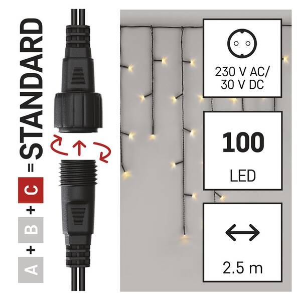 Spojovacia reťaz EMOS 100 LED Standard - cencúle, 2,5 m, vonkajšie, teplá biela, časovač 

