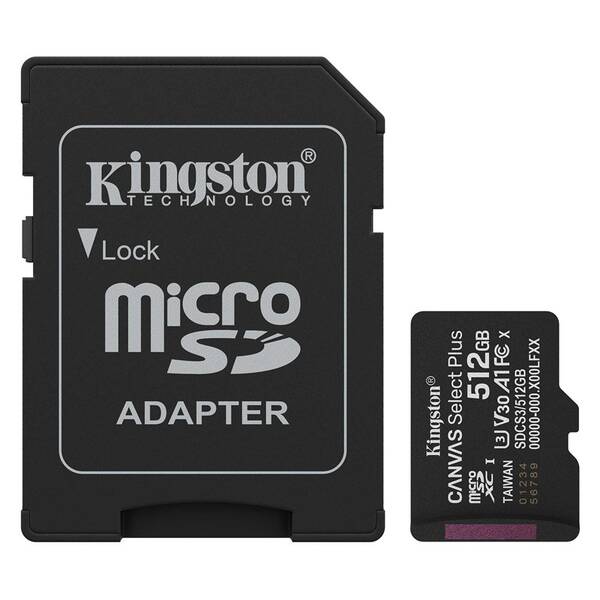 Pamäťová karta Kingston Canvas Select Plus MicroSDXC 512GB UHS-I U3 (R150/W30) + adaptér čierna

