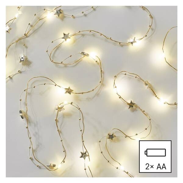 Vianočné osvetlenie EMOS 20 LED řetěz zlatý – hvězdičky, 1,9 m, 2x AA, vnitřní, teplá bílá, časovač 


