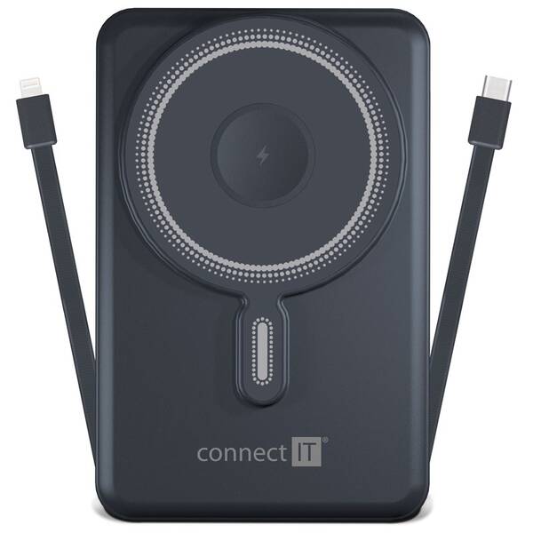 Powerbank Connect IT TravelCharge 10000 mAh, integrovaný USB-C a Lightning kábel sivý

