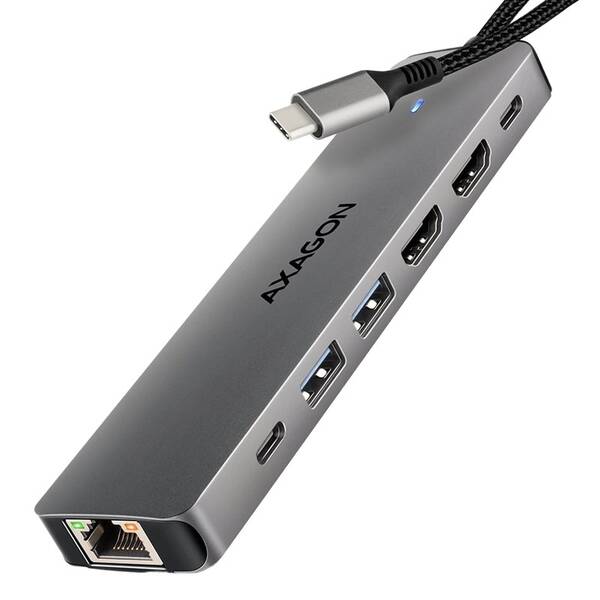 Dokovacia stanica Axagon HMC-7HX2, USB 5Gbps, 2x USB-A, USB-C, 2x HDMI 4k/60Hz, RJ-45 GLAN, PD 100W, kabel USB-C 15cm sivá

