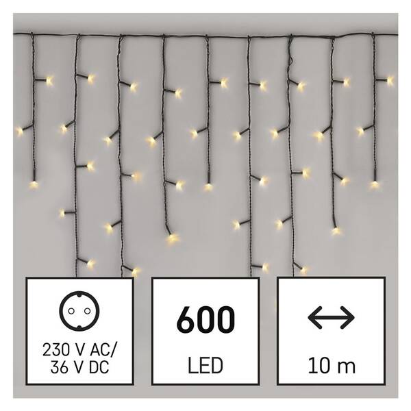 Vianočné osvetlenie EMOS 600 LED cencúle, 10 m, vonkajšie aj vnútorné, teplá biela, programy 

