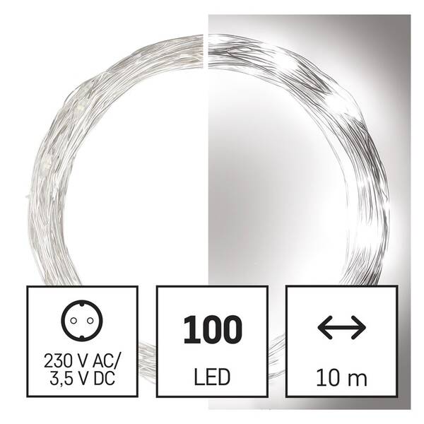 Vianočné osvetlenie EMOS 100 LED nano reťaz strieborná, 10 m, vonkajšia aj vnútorná, studená biela, časovač 

