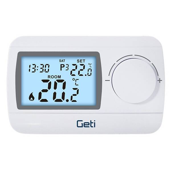 Termostat Geti GRT04, drôtový programovateľný 7-dňový biely

