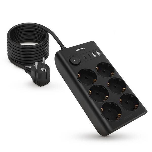 Kábel predlžovací Huslog 15W 6xzásuvka, 2xUSB-C, 2xUSB čierny


