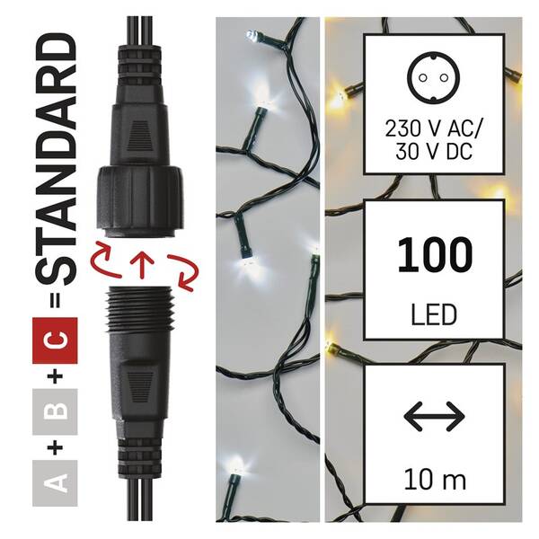 Spojovacia reťaz EMOS 100 LED Štandard, 10 m, vonkajšia, teplá/studená biela, časovač 

