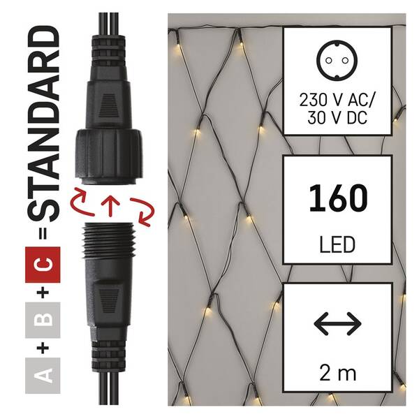 Spojovacia reťaz EMOS 160 LED Standard - sieť, 1,5x2 m, vonkajšia, teplá biela, časovač 

