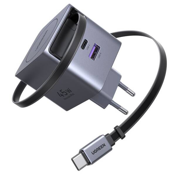 Nabíjačka do siete UGREEN GaN, 2×USB-C, USB, 45W, so zaťahovacím káblom sivá


