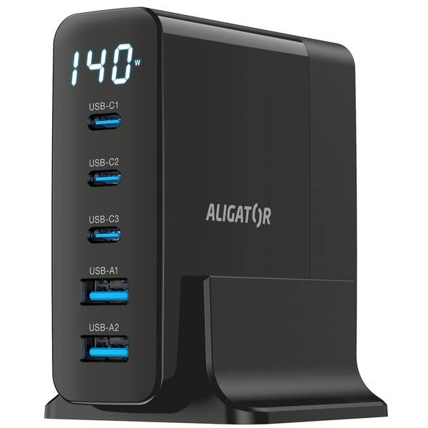 Nabíjačka do siete Aligator GaN Power Station 140W, 3× USB-C, 2× USB-A čierna

