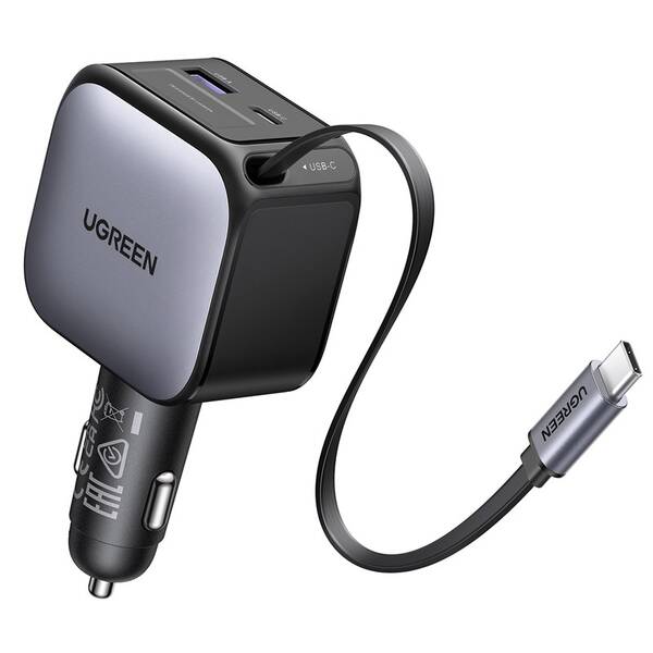 Adaptér do auta UGREEN 2×USB-C, USB, 90W, so zaťahovacím káblom sivý


