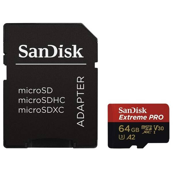 Pamäťová karta SANDISK 64GB A2 C10 V30 UHS-I (170R/90W) + adapter 

