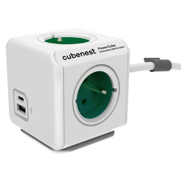 Kábel predlžovací Cubenest Powercube Extended USB PD 20W, USB, USB-C, 4x zásuvka, 1,5m biely/zelený

